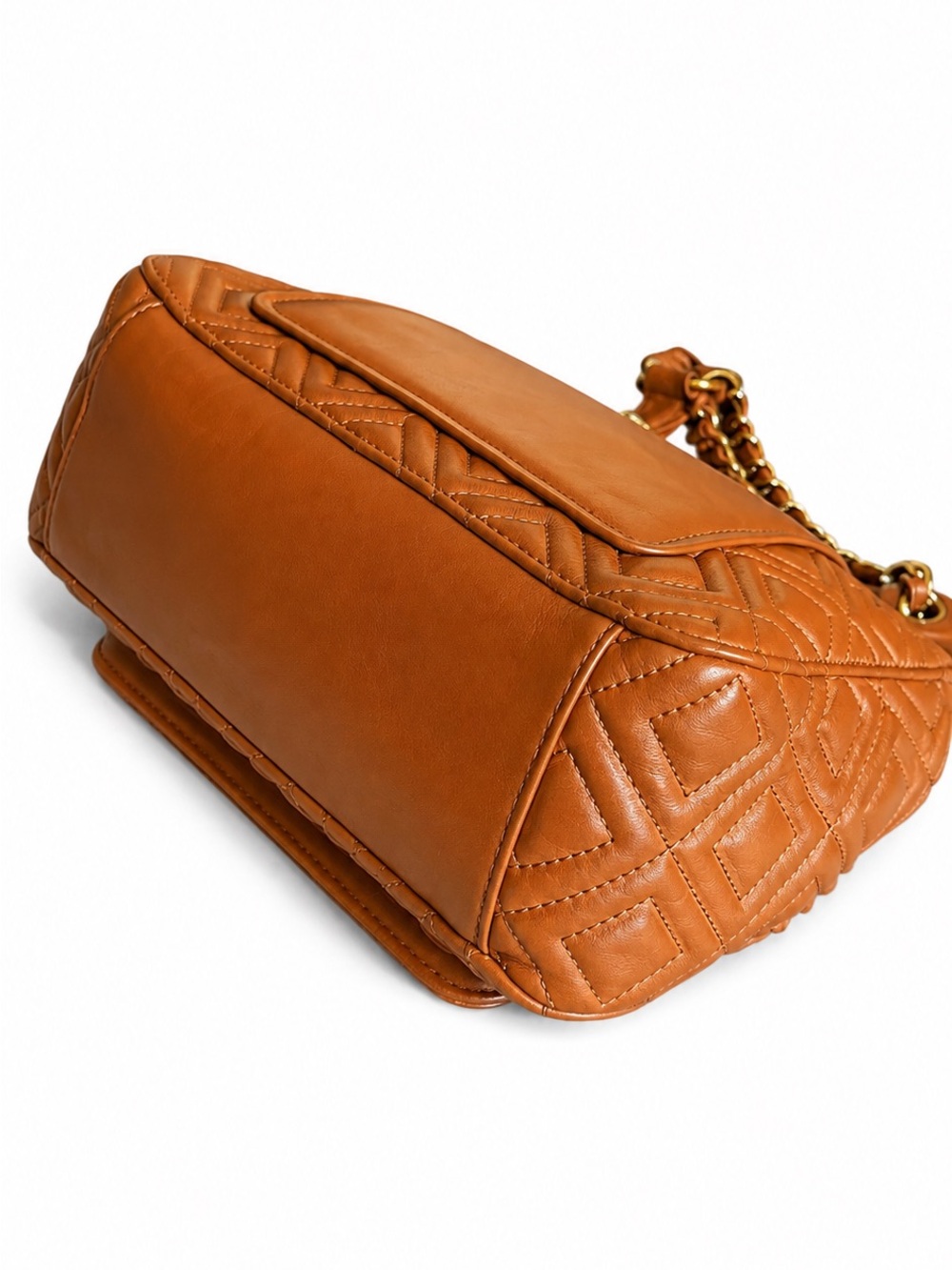 Tory Burch Fleming Brown Leather Quilted Shoulder Bag Chain Strap Whipstitch - Picture 13 of 15